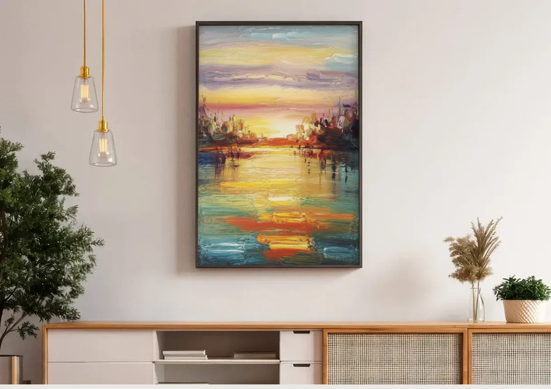 Buffalo Lake Erie Horizon canvas wall art above a wooden sideboard under pendant lights