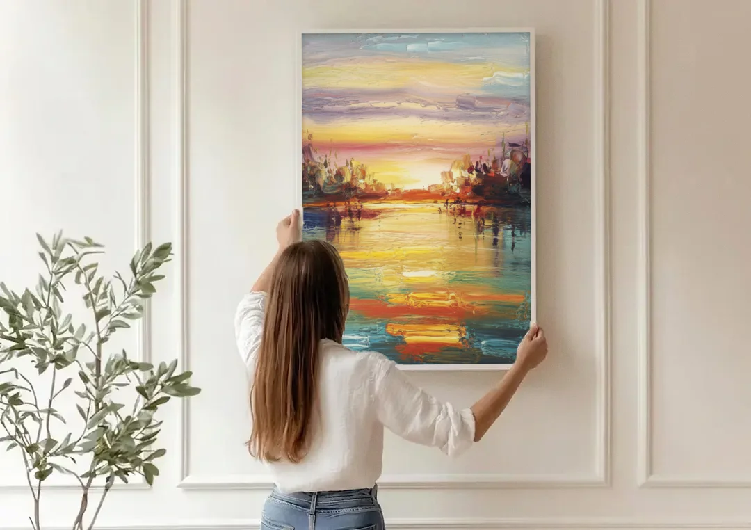 Buffalo Lake Erie Horizon canvas wall art being hung on a paneled wall