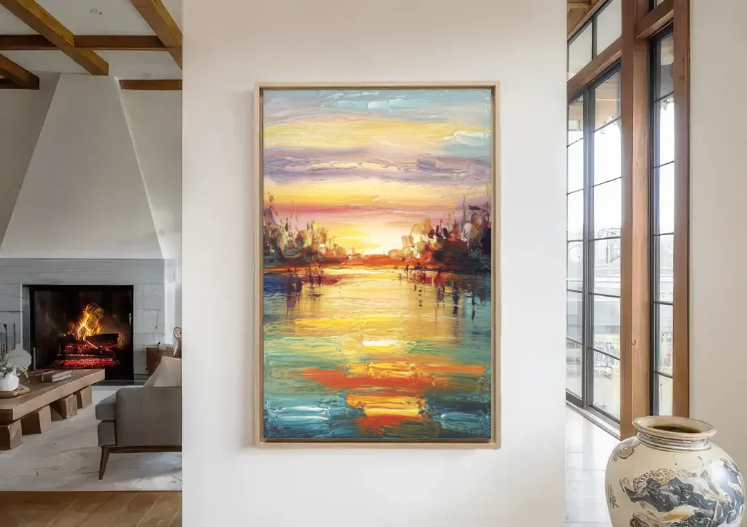 Buffalo Lake Erie Horizon canvas wall art in a living room with a fireplace