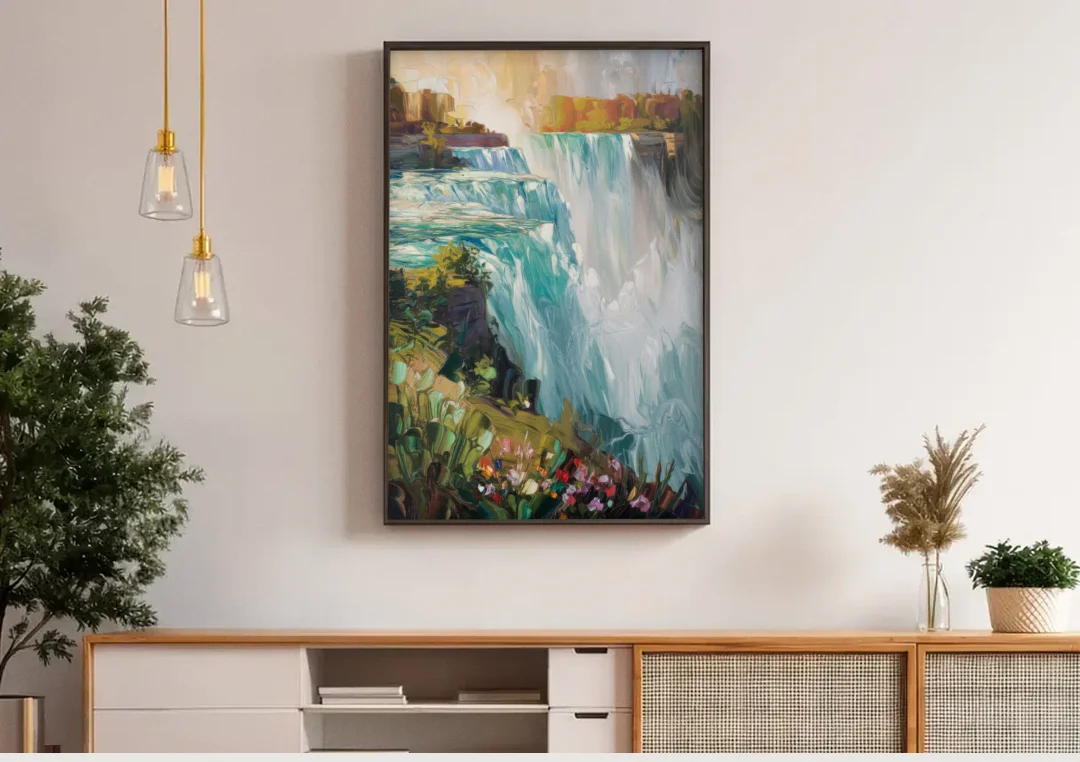 Buffalo Niagara Falls View canvas wall art above a wooden sideboard under pendant lights