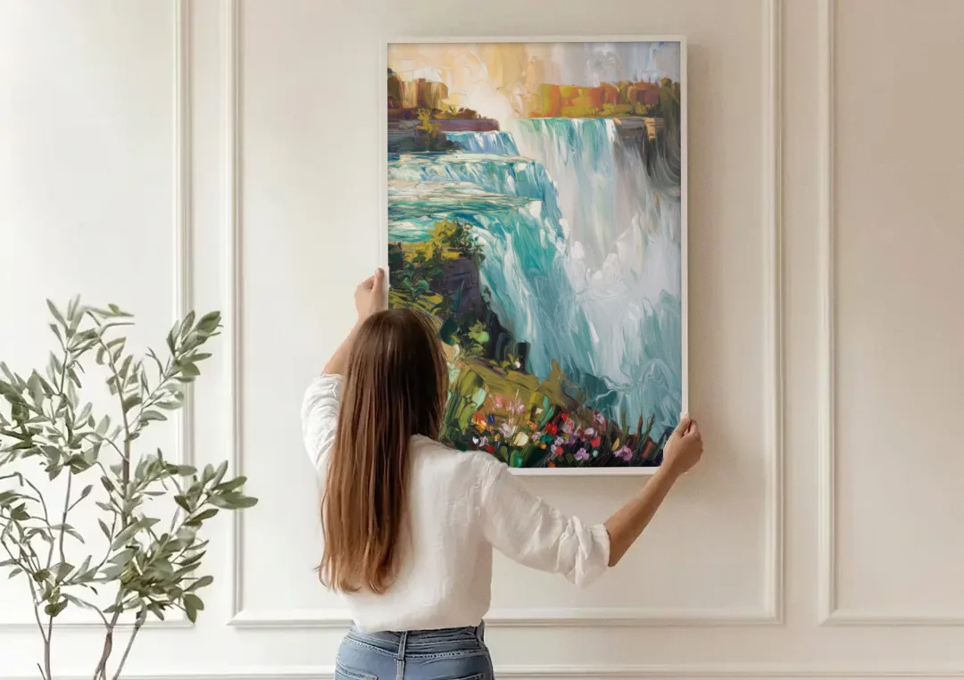 Buffalo Niagara Falls View canvas wall art being hung on a paneled wall