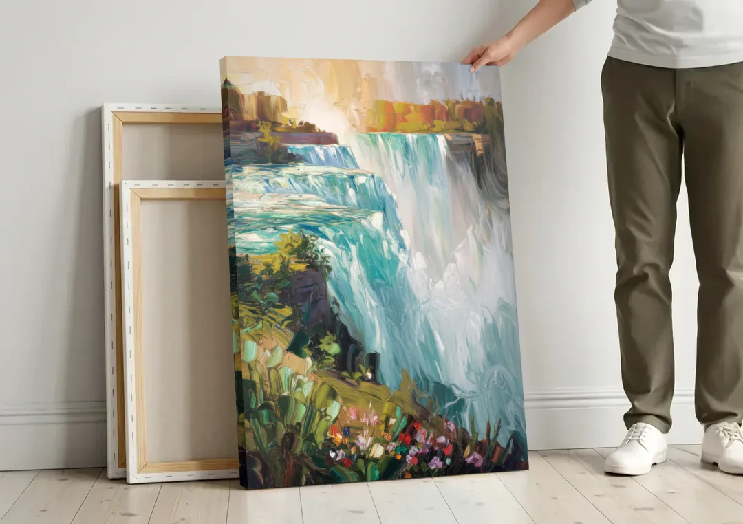 Buffalo Niagara Falls View canvas wall art leaning against a wall next to blank canvases