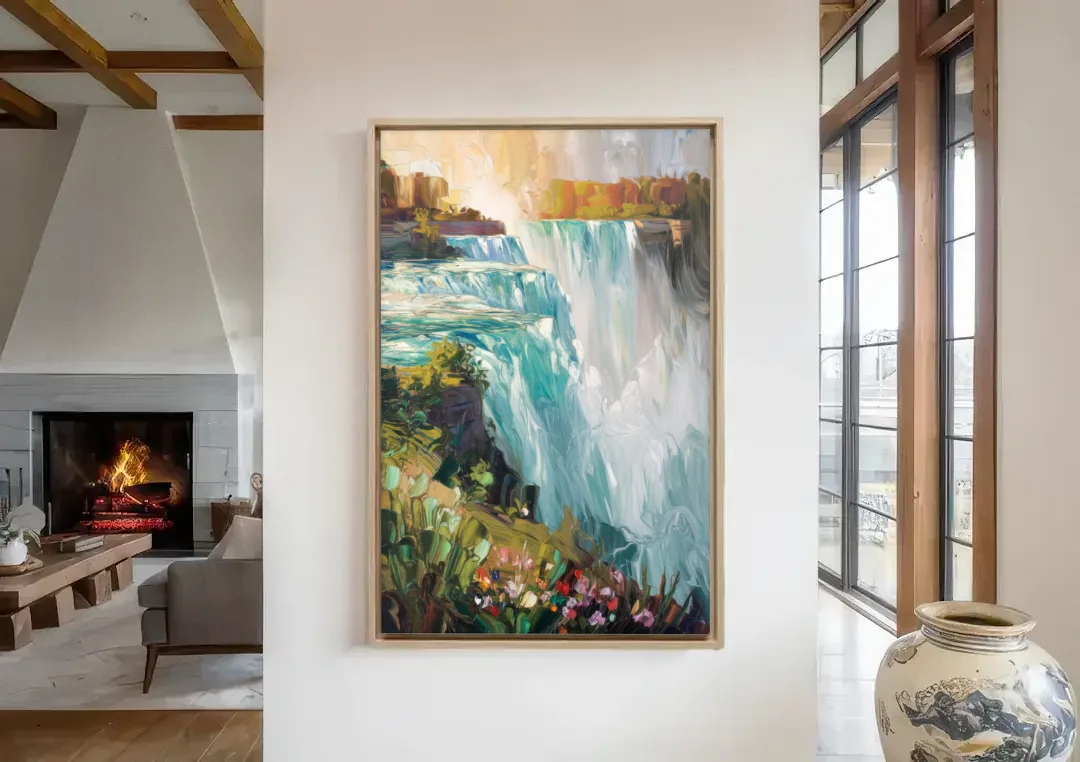 Buffalo Niagara Falls View canvas wall art in a living room with a fireplace