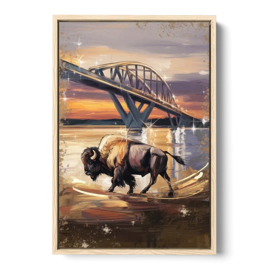 Buffalo Peace Bridge Glow - Oak Framed Canvas Wall Art - Front