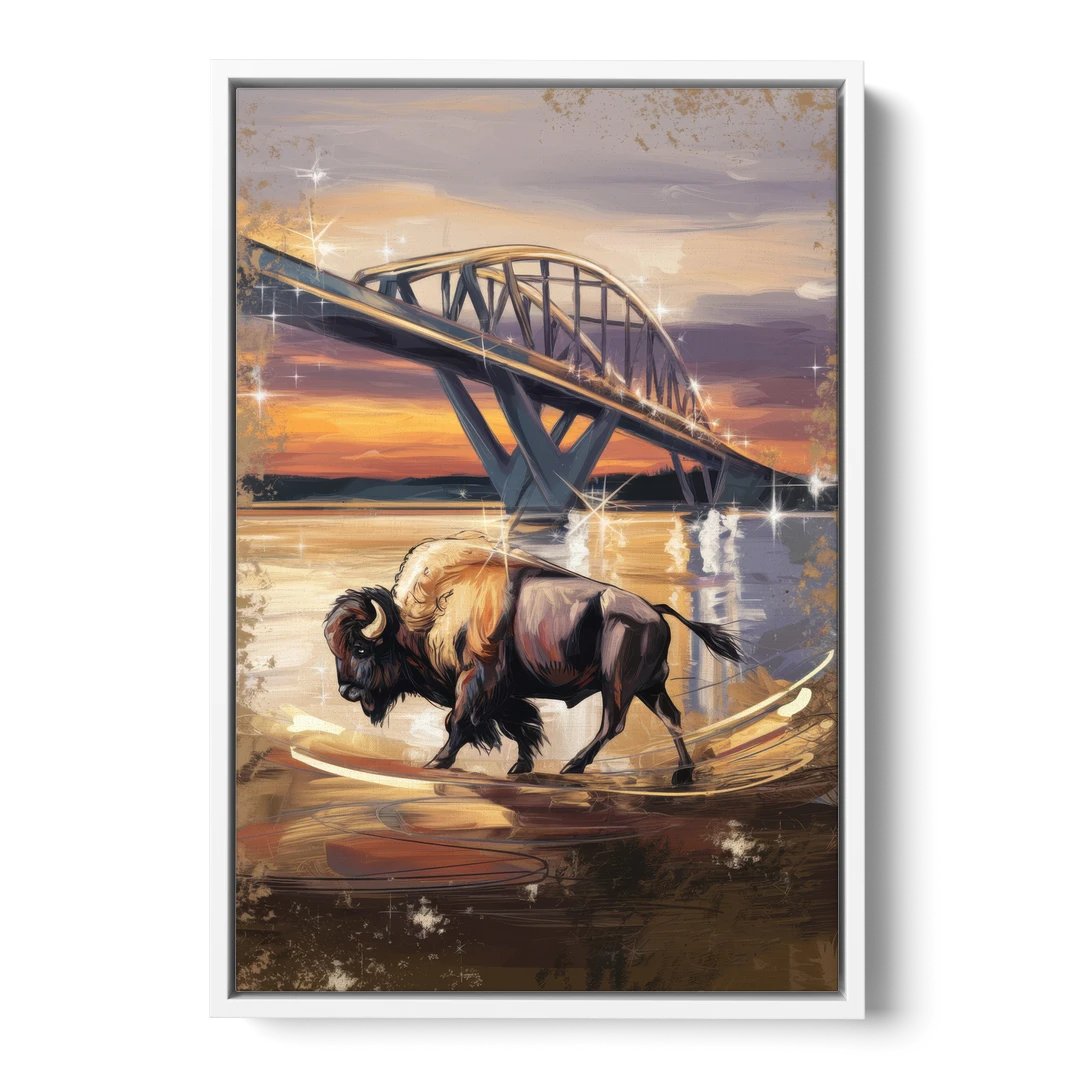Buffalo Peace Bridge Glow - White Framed Canvas Wall Art - Front