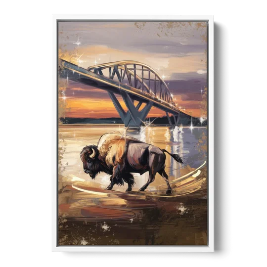 Buffalo Peace Bridge Glow - White Framed Canvas Wall Art - Front