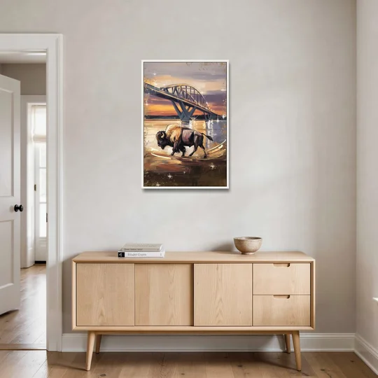 Buffalo Peace Bridge Glow - White Framed Canvas Wall Art - Coffee Table - 24x36