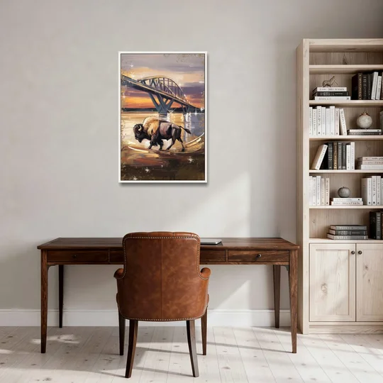 Buffalo Peace Bridge Glow - White Framed Canvas Wall Art - Office - 24x36