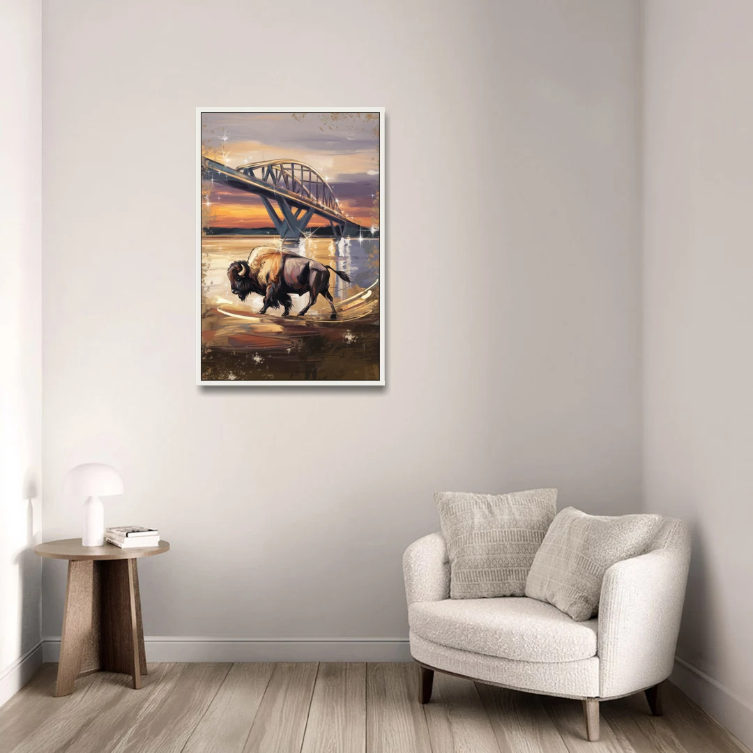 Buffalo Peace Bridge Glow - White Framed Canvas Wall Art - Sofa - 24x36