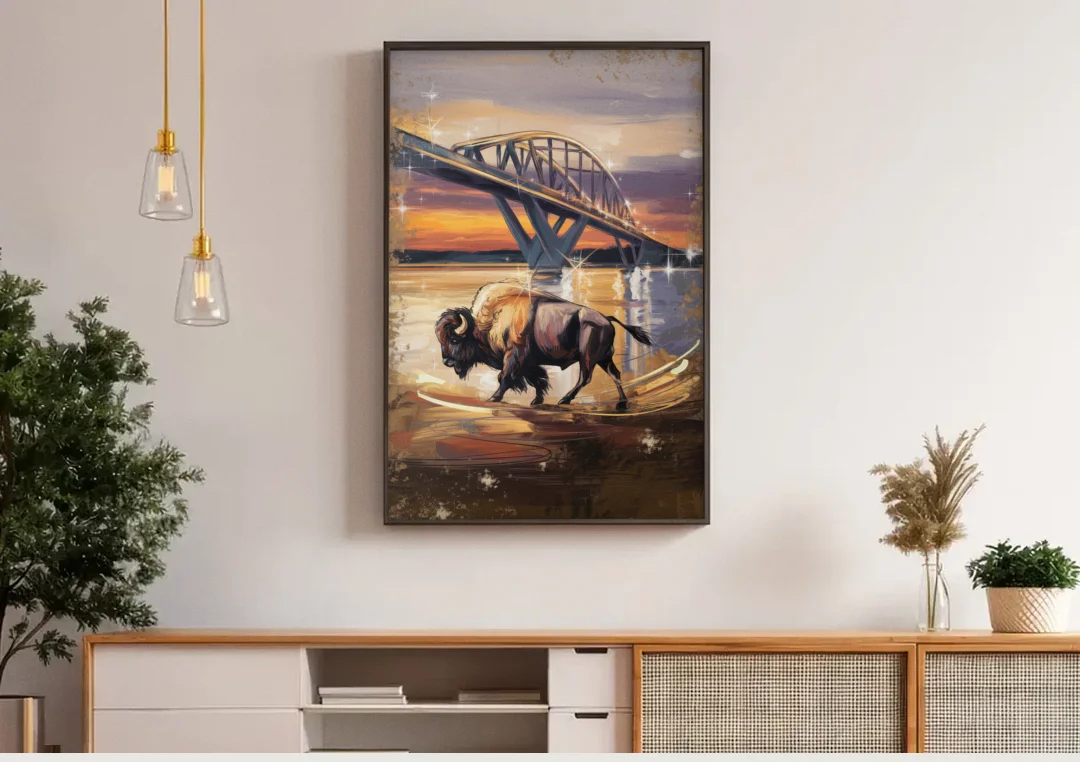 Buffalo Peace Bridge Glow canvas wall art above a wooden sideboard under pendant lights