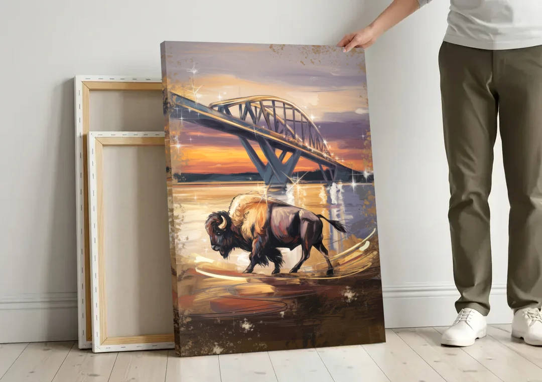 Buffalo Peace Bridge Glow canvas wall art leaning against a wall next to blank canvases