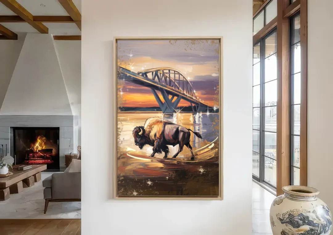 Buffalo Peace Bridge Glow canvas wall art in a living room with a fireplace