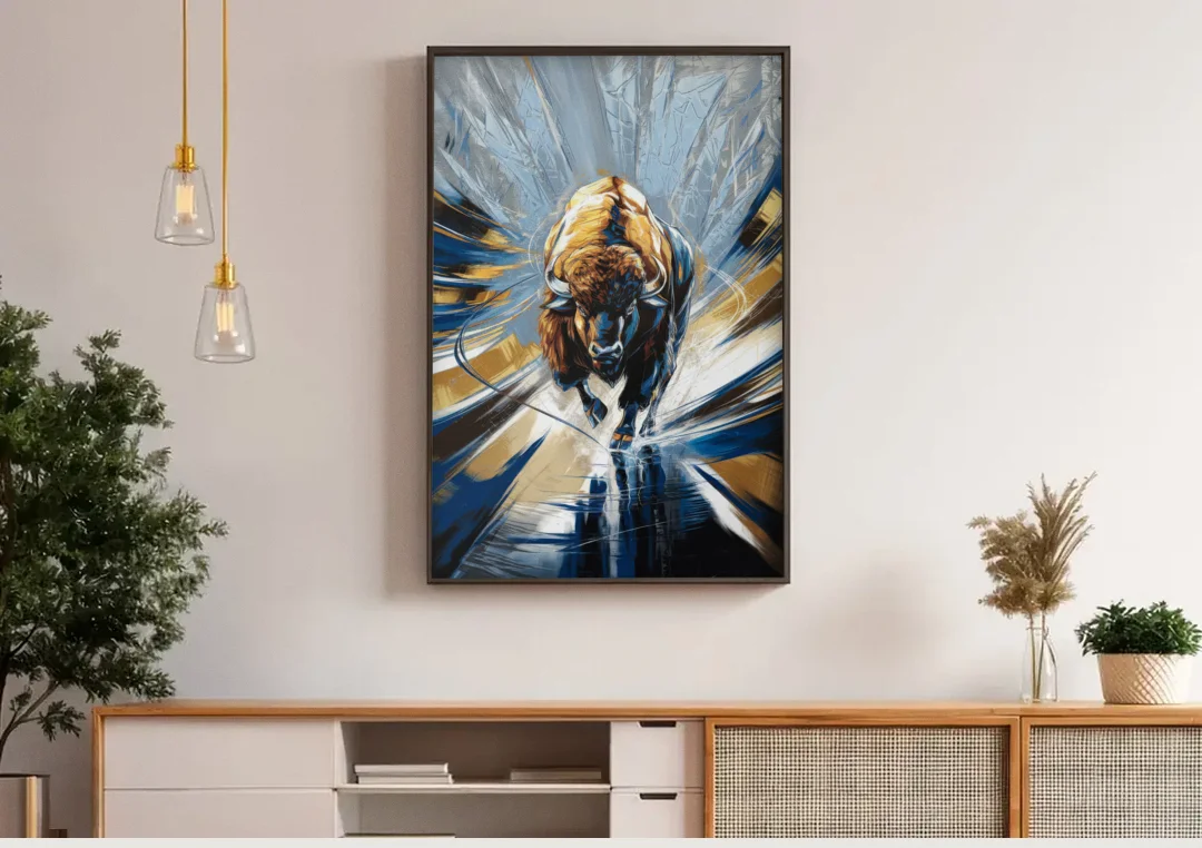 Buffalo Sabres Team Spirit canvas wall art above a wooden sideboard under pendant lights