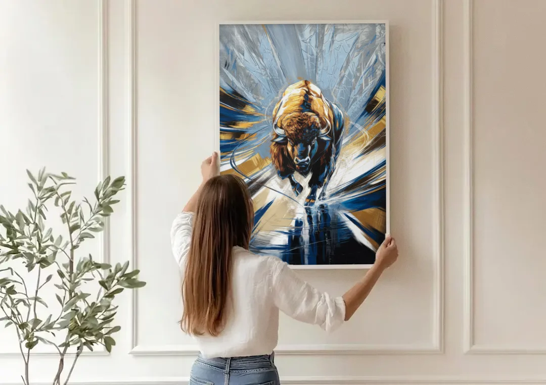 Buffalo Sabres Team Spirit canvas wall art being hung on a paneled wall