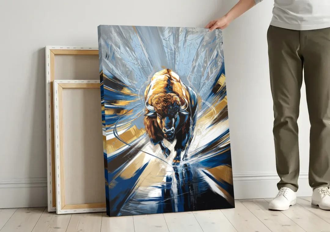Buffalo Sabres Team Spirit canvas wall art leaning against a wall next to blank canvases