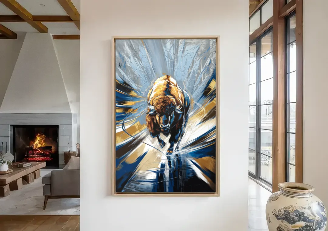 Buffalo Sabres Team Spirit canvas wall art in a living room with a fireplace