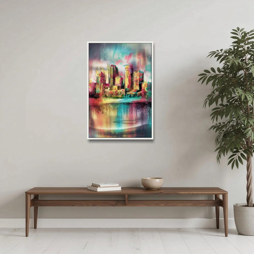Buffalo Skyline and River - White Framed Canvas Wall Art - Coffee Table - 24x36