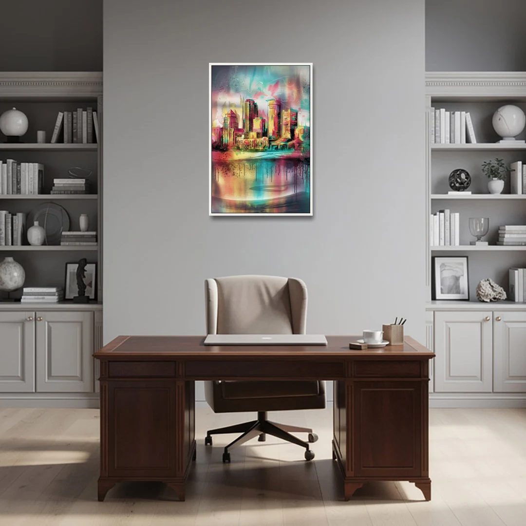 Buffalo Skyline and River - White Framed Canvas Wall Art - Office - 24x36