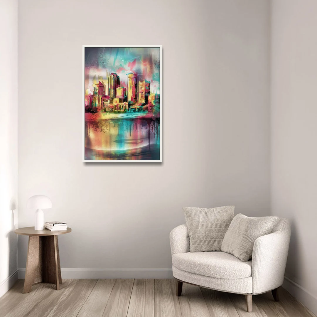 Buffalo Skyline and River - White Framed Canvas Wall Art - Sofa - 24x36
