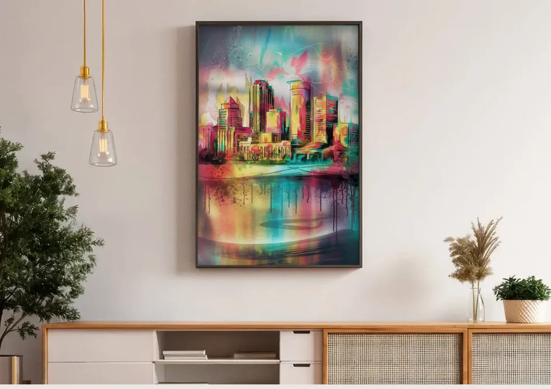 Buffalo Skyline and River canvas wall art above a wooden sideboard under pendant lights
