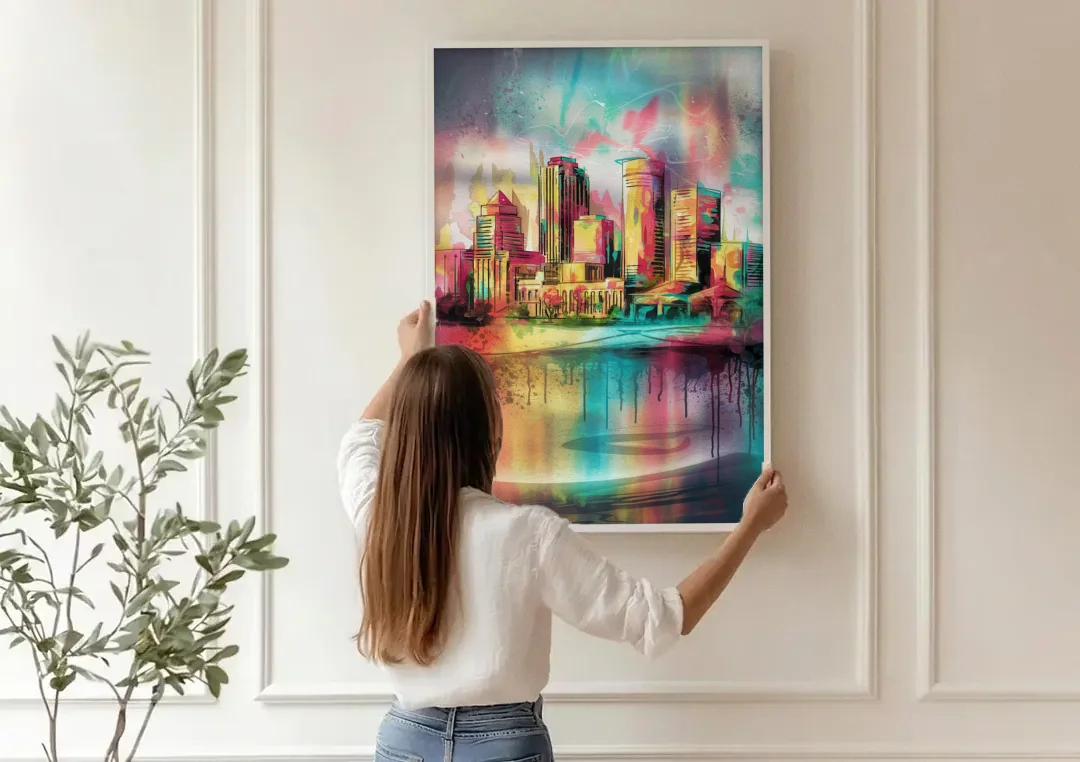Buffalo Skyline and River canvas wall art being hung on a paneled wall