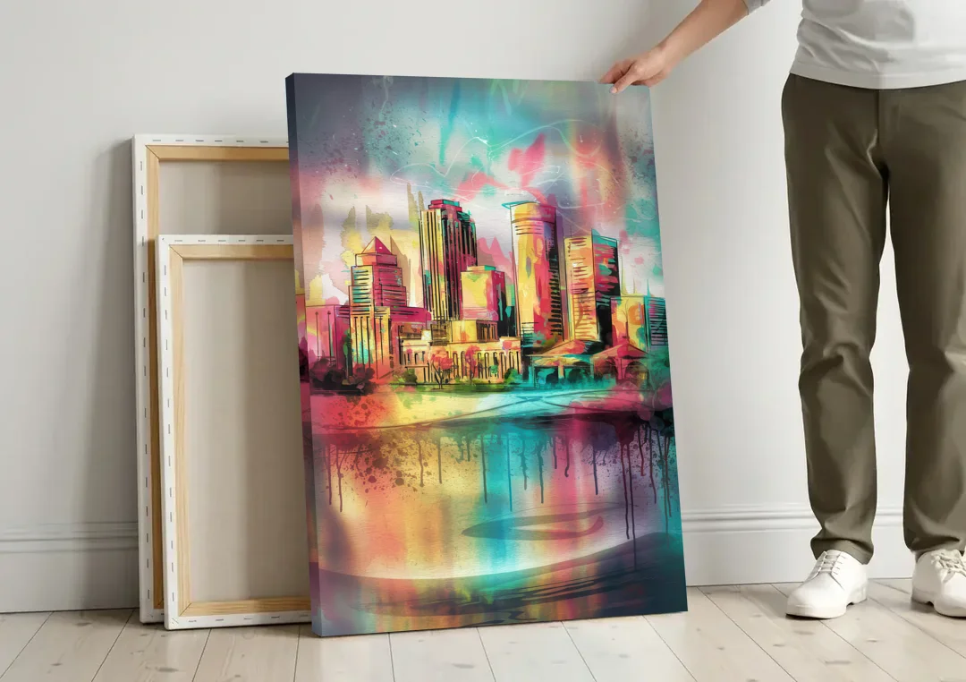 Buffalo Skyline and River canvas wall art leaning against a wall next to blank canvases