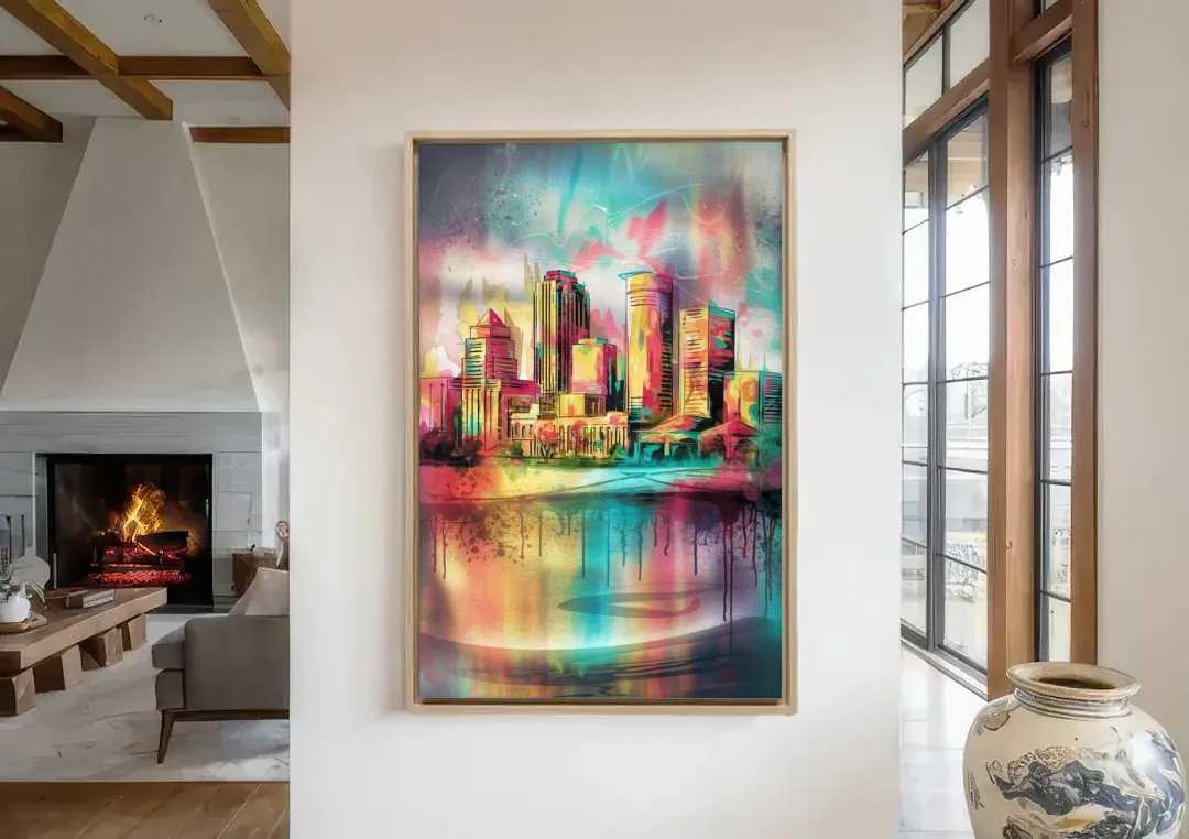 Buffalo Skyline and River canvas wall art in a living room with a fireplace