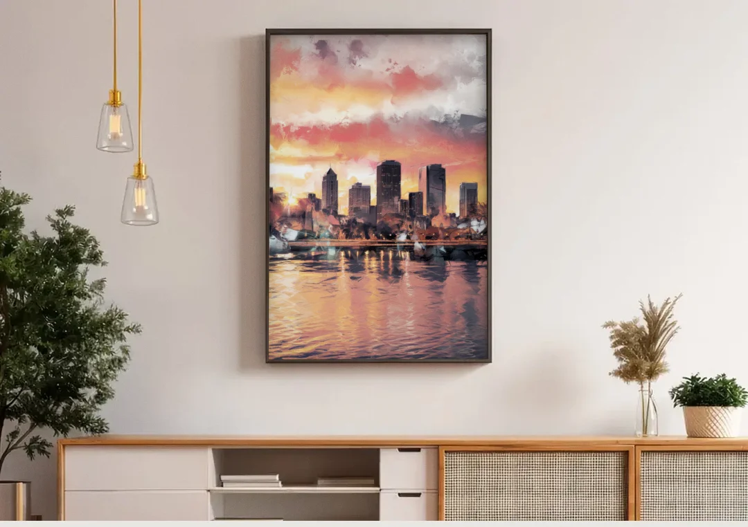 Buffalo Skyline at Sunset canvas wall art above a wooden sideboard under pendant lights