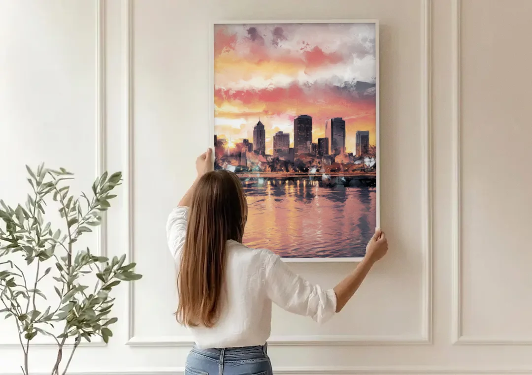 Buffalo Skyline at Sunset canvas wall art being hung on a paneled wall