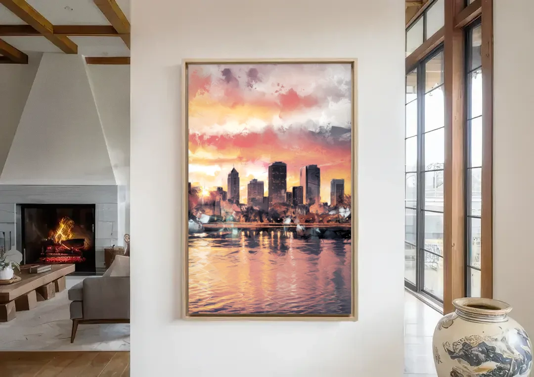 Buffalo Skyline at Sunset canvas wall art in a living room with a fireplace