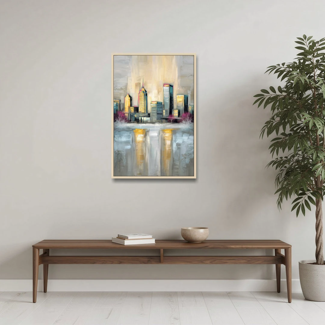 Buffalo Skyline in Winter - Oak Framed Canvas Wall Art - Coffee Table - 24x36