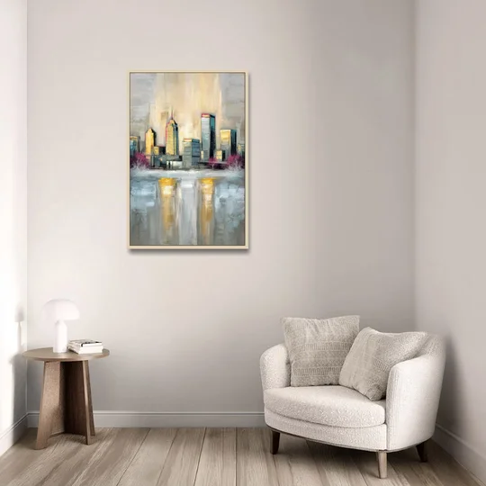 Buffalo Skyline in Winter - Oak Framed Canvas Wall Art - Sofa - 24x36