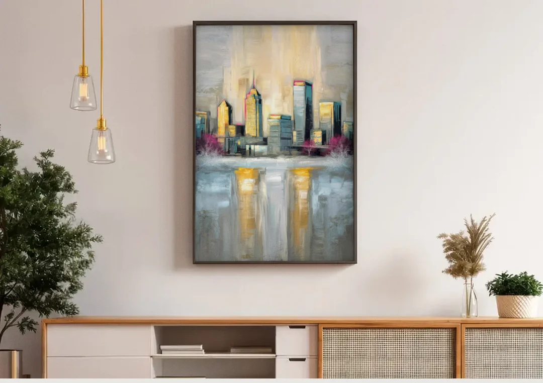 Buffalo Skyline in Winter canvas wall art above a wooden sideboard under pendant lights