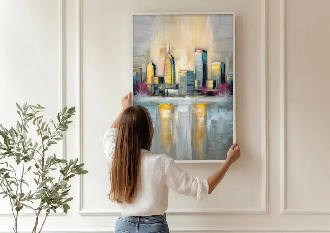 Buffalo Skyline in Winter canvas wall art being hung on a paneled wall
