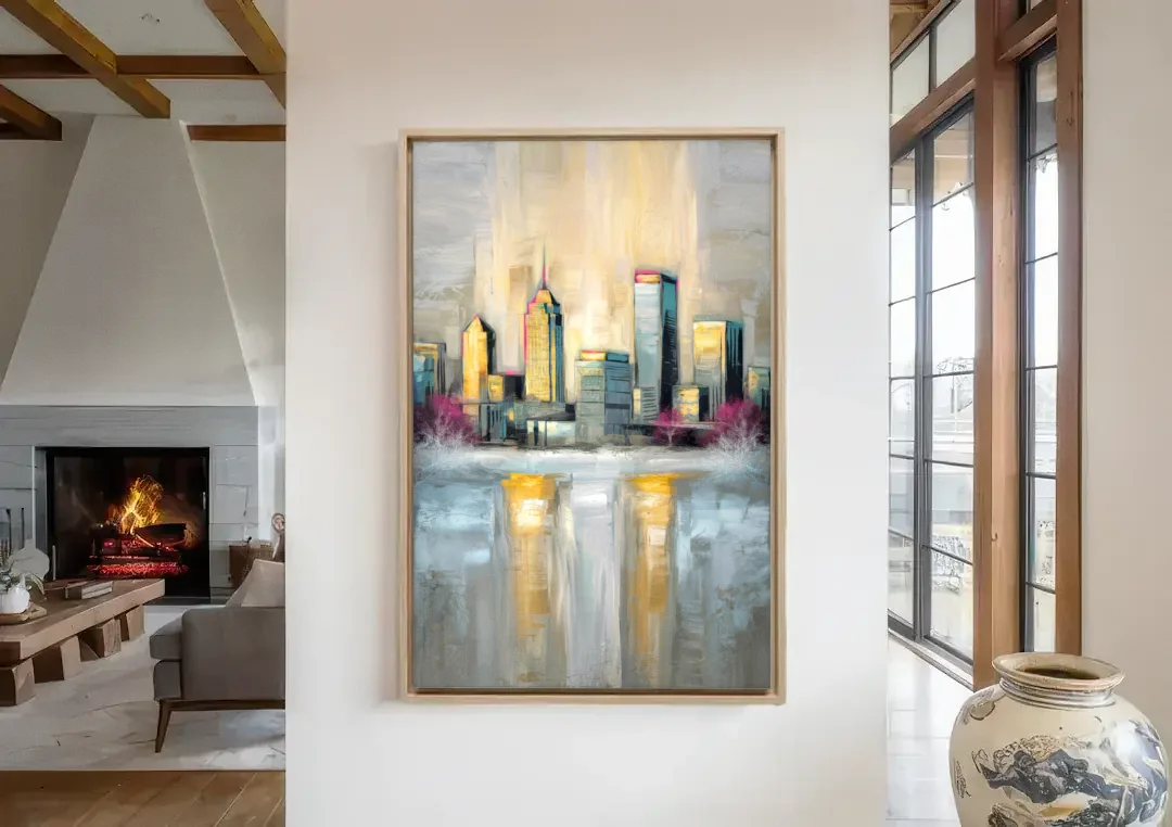 Buffalo Skyline in Winter canvas wall art in a living room with a fireplace
