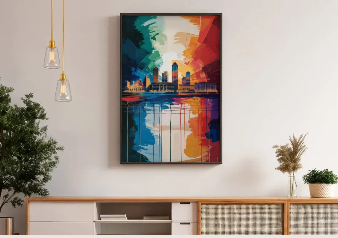 Buffalo Skyline Panorama canvas wall art above a wooden sideboard under pendant lights