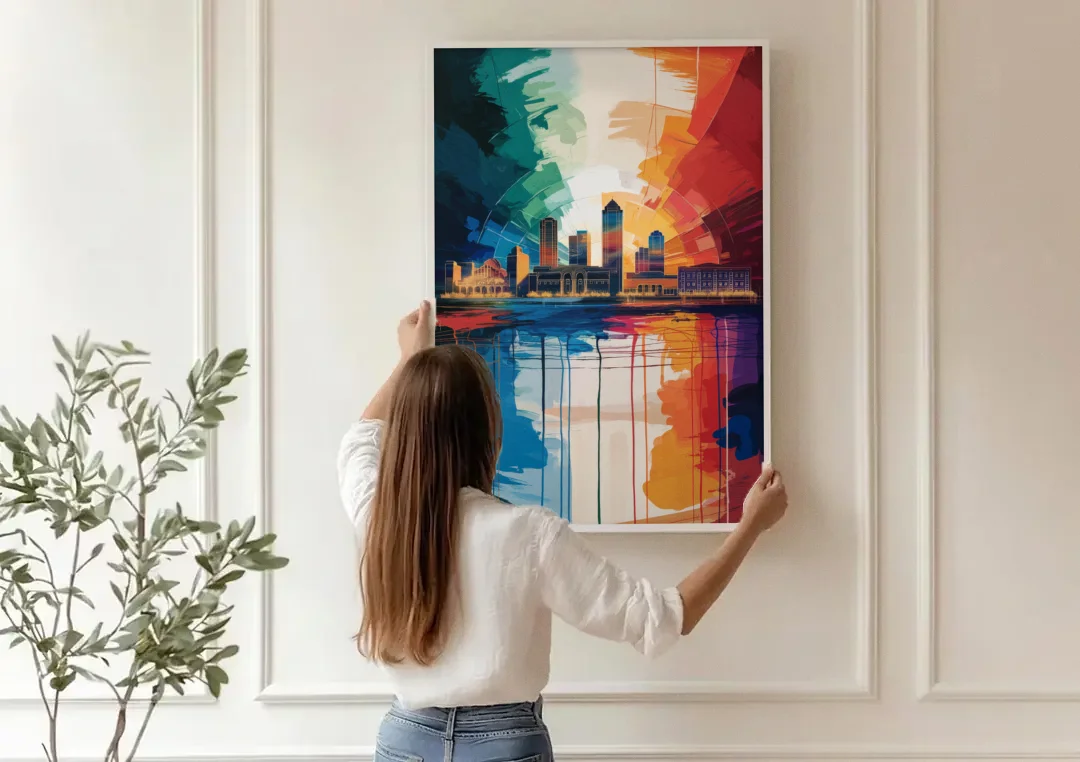 Buffalo Skyline Panorama canvas wall art being hung on a paneled wall