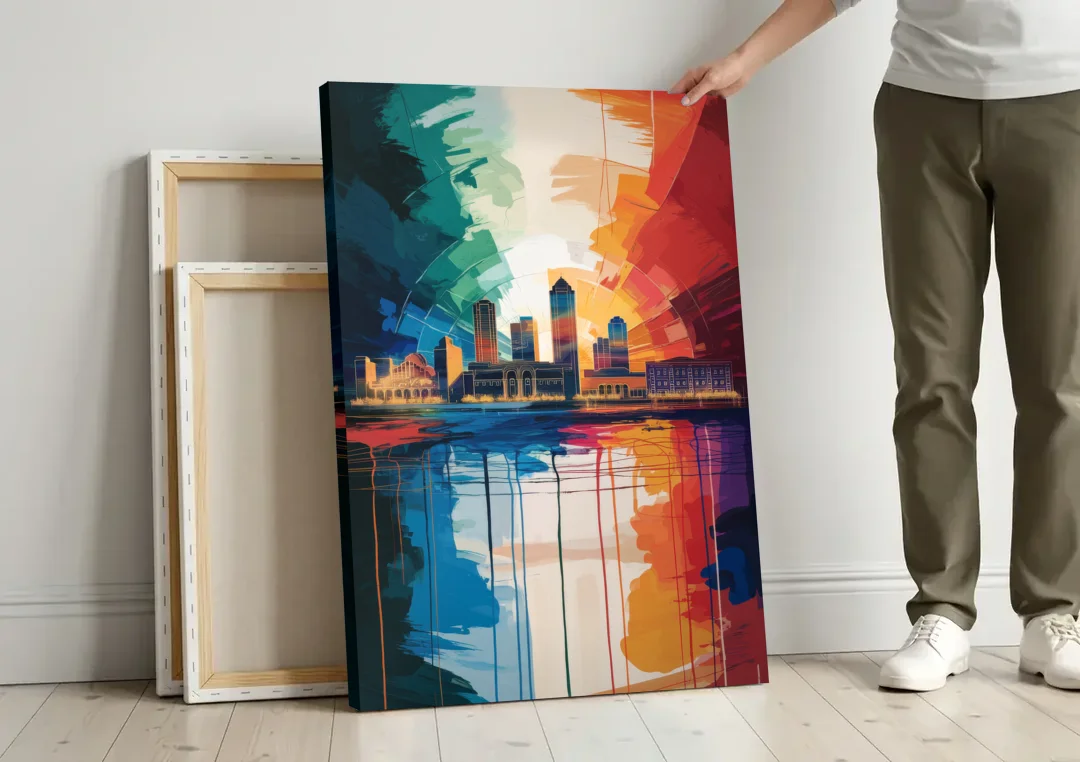 Buffalo Skyline Panorama canvas wall art leaning against a wall next to blank canvases