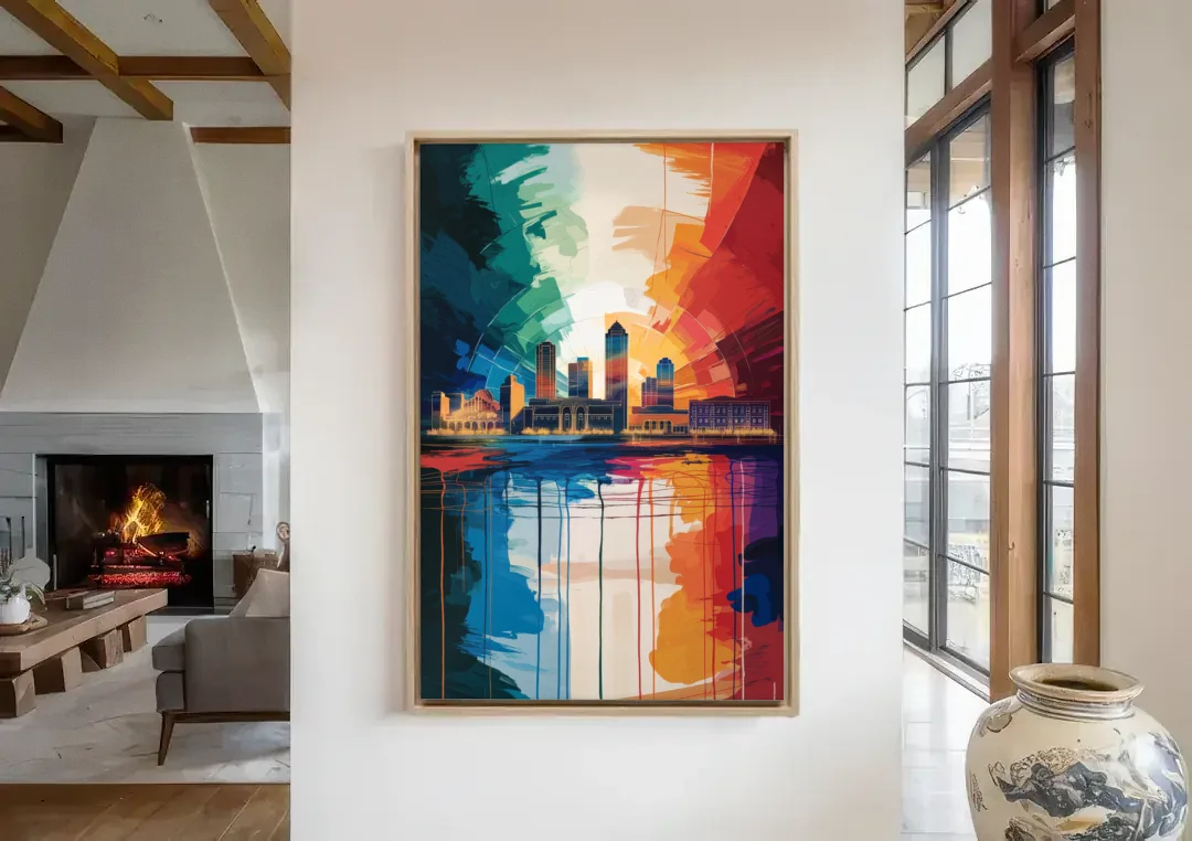 Buffalo Skyline Panorama canvas wall art in a living room with a fireplace