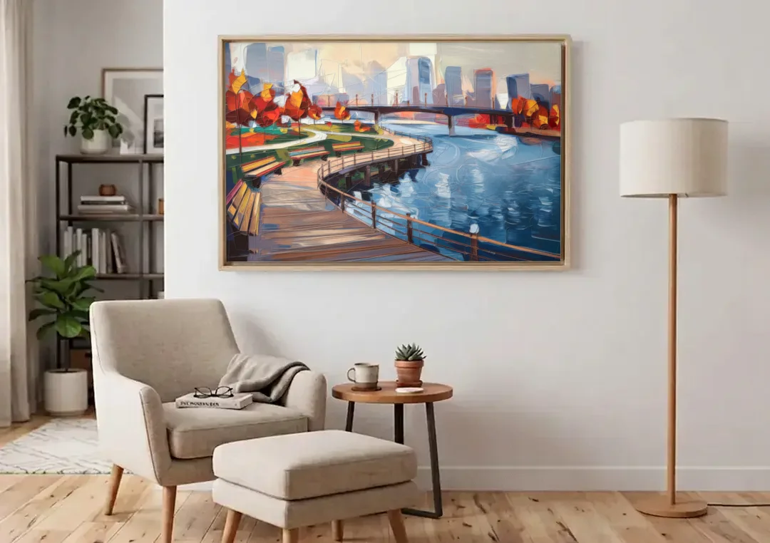 Buffalo Waterfront Boardwalk canvas wall art above an armchair in a bright living room