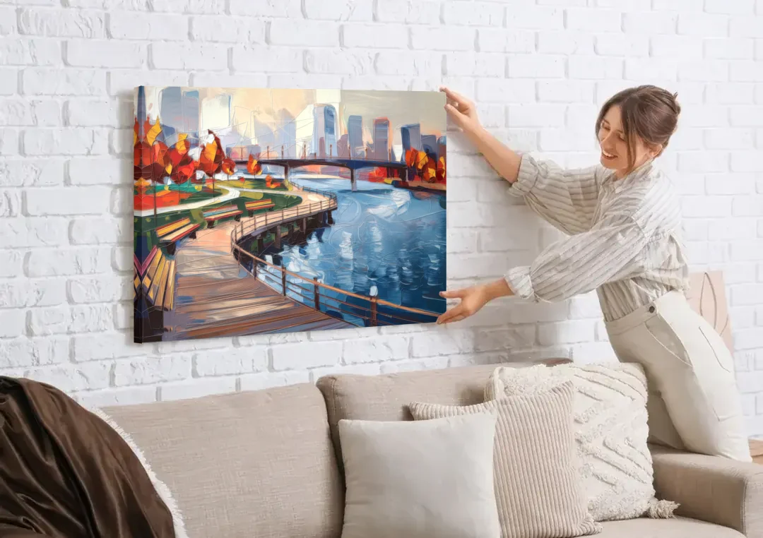 Buffalo Waterfront Boardwalk canvas wall art being hung on a white brick wall above a sofa