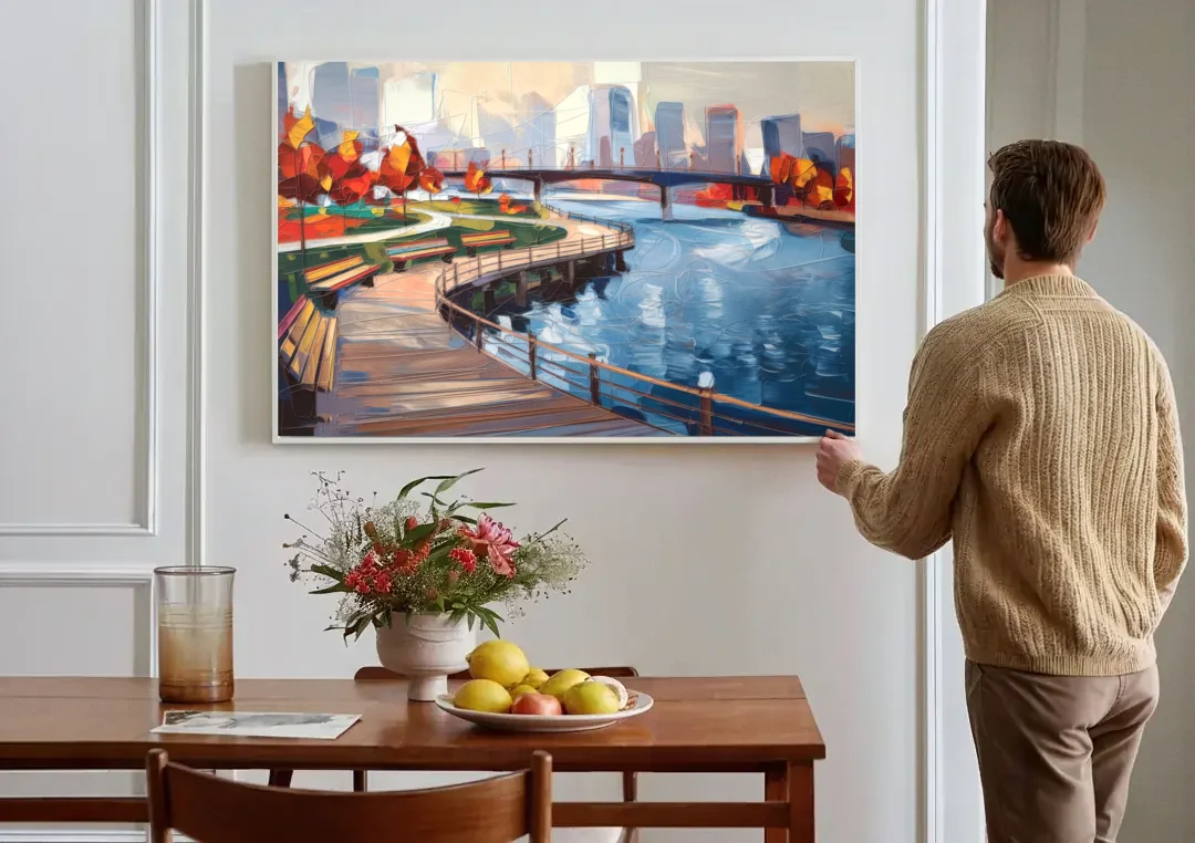Buffalo Waterfront Boardwalk canvas wall art above a dining table