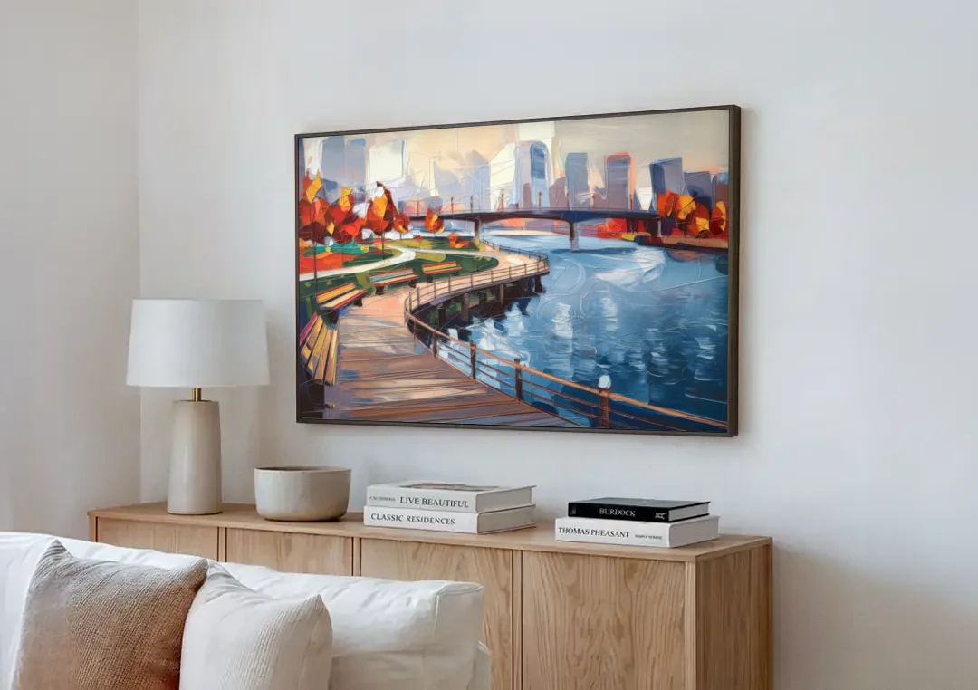 Buffalo Waterfront Boardwalk canvas wall art above a wooden sideboard next to a sofa