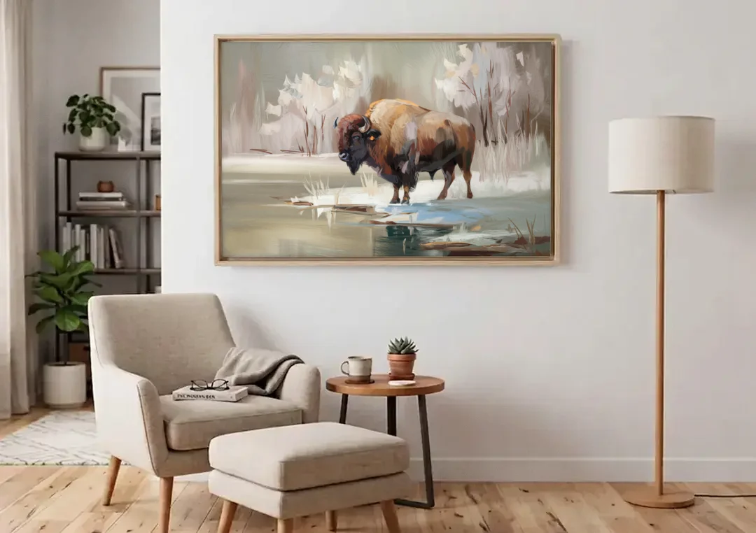 Buffalo Waterfront Serenity canvas wall art above an armchair in a bright living room