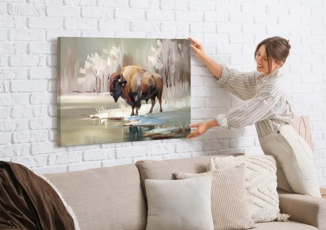 Buffalo Waterfront Serenity canvas wall art being hung on a white brick wall above a sofa