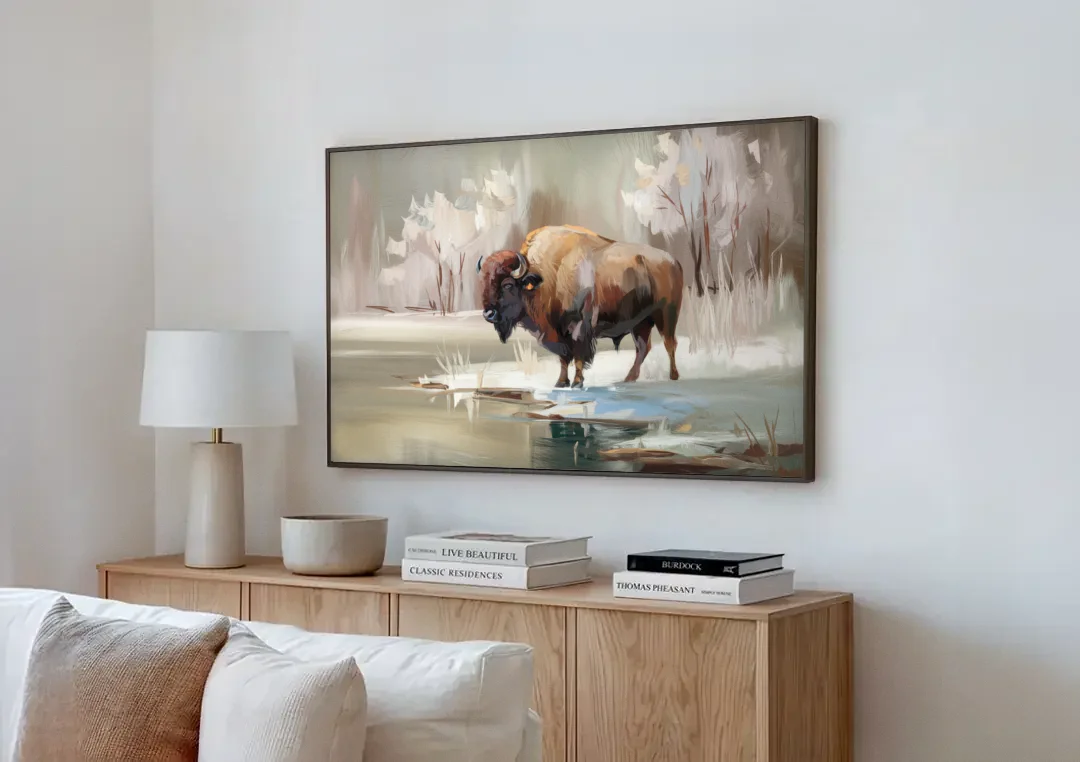 Buffalo Waterfront Serenity canvas wall art above a wooden sideboard next to a sofa