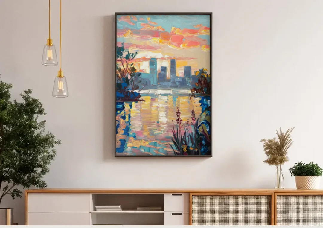 Buffalo Waterfront Sunrise canvas wall art above a wooden sideboard under pendant lights