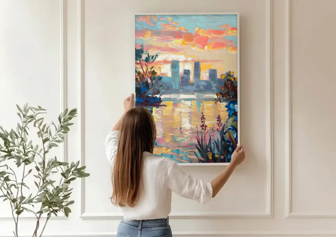 Buffalo Waterfront Sunrise canvas wall art being hung on a paneled wall
