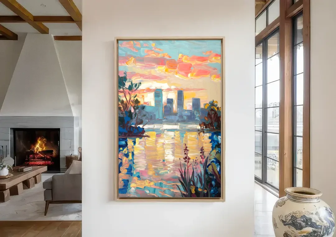 Buffalo Waterfront Sunrise canvas wall art in a living room with a fireplace