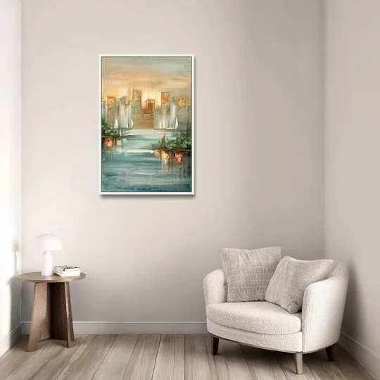 Buffalo Waterfront Tranquility - White Framed Canvas Wall Art - Sofa - 24x36